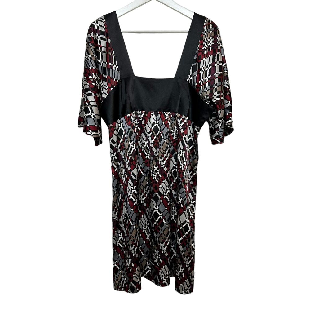Vintage Y2K Trina Turk Silk Dress Geometric Pattern Red Black Kimono Babydoll 12